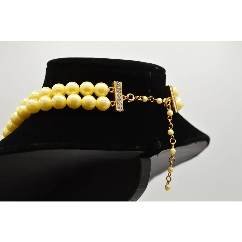 Avon Vintage Statement Collar Necklace Double Pearl Rhinestone Gold PL Signed 9J